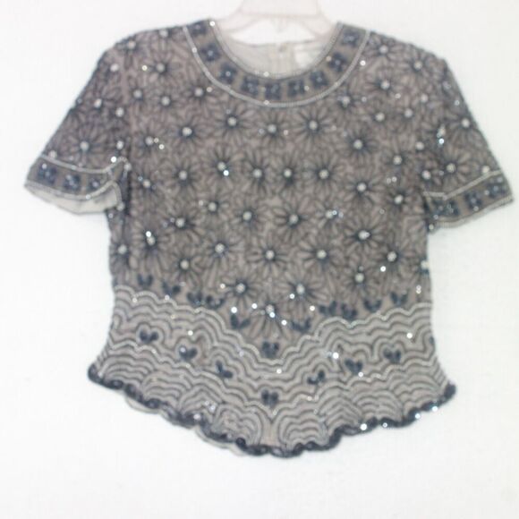 Papell Boutique Evening Tops - Vintage 100% Silk Papell Boutique Evening Black Silver Beaded Sequin Top MED